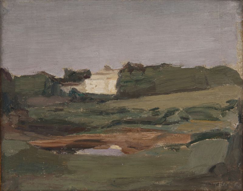 Northern Studies (The White Night) de Jan Ciągliński, óleo sobre lienzo que representa un paisaje sereno al anochecer.