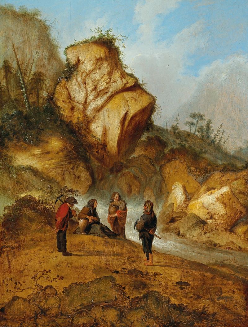 Uma paisagem rochosa com mineiros em uma cachoeira, pintura a óleo de Jacobus Sibrandi Mancadan