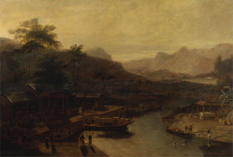 A View in China- Cultivating the Tea Plant de William Daniell, representando plantas de té en un paisaje exuberante.
