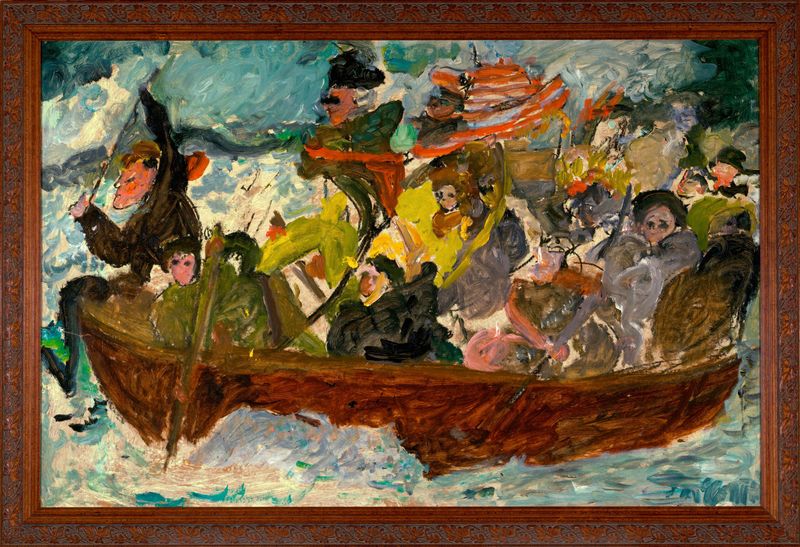 Pintura histórica al óleo de Justin McCarthy que muestra soldados cruzando un río