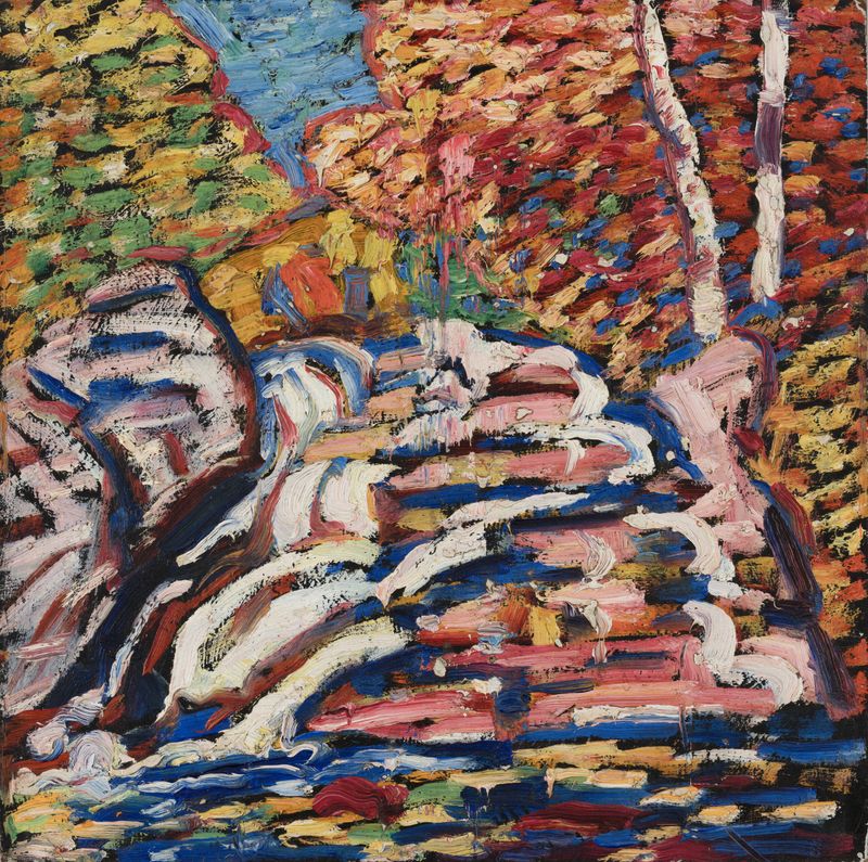 Paisagem de Marsden Hartley, óleo sobre papelão, com cores vibrantes e um horizonte amplo.