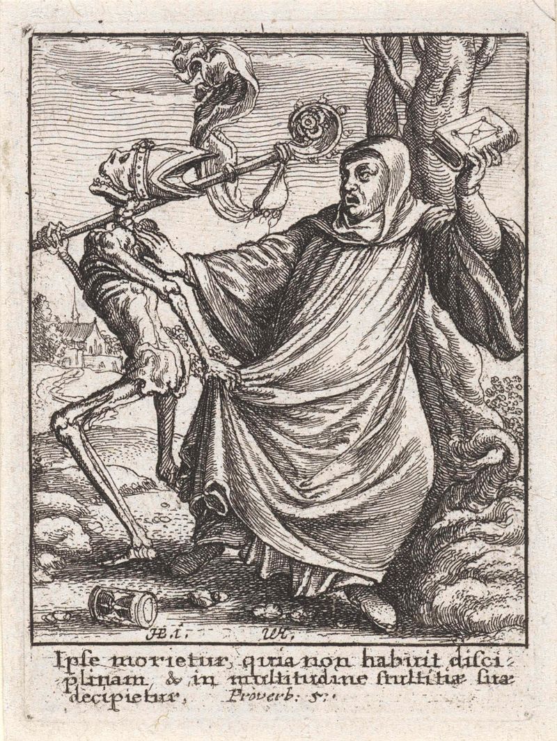 Gravura de Wenceslaus Hollar mostrando a Morte pairando sobre um abade.