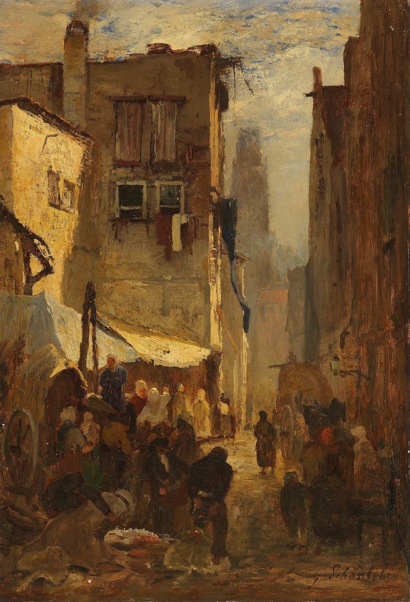 Belebter Stadtwinkel by Gustav Schönleber, oil on canvas depicting a lively urban scene.