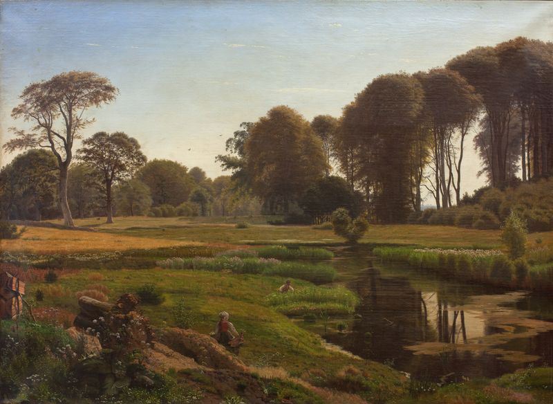 Paisagem com um lago sereno refletindo a natureza, óleo sobre tela de Vilhelm Kyhn