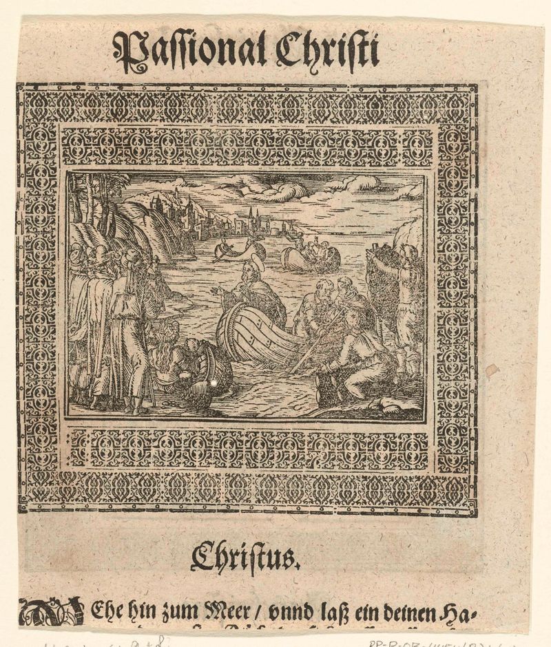 Cena marinha com pescadores em um lago, papel de Lucas Cranach