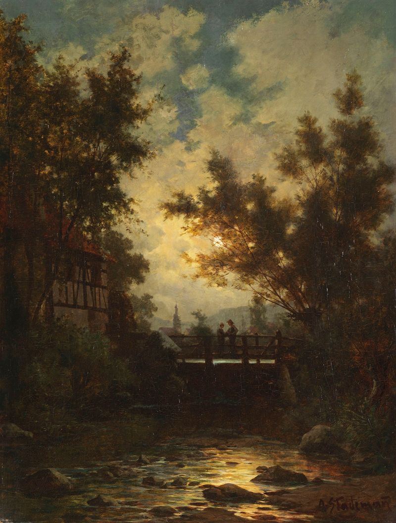 Vollmondnacht am Dorfbach de Adolf Stademann, pintura a óleo que mostra um rio iluminado pela lua e uma aldeia.