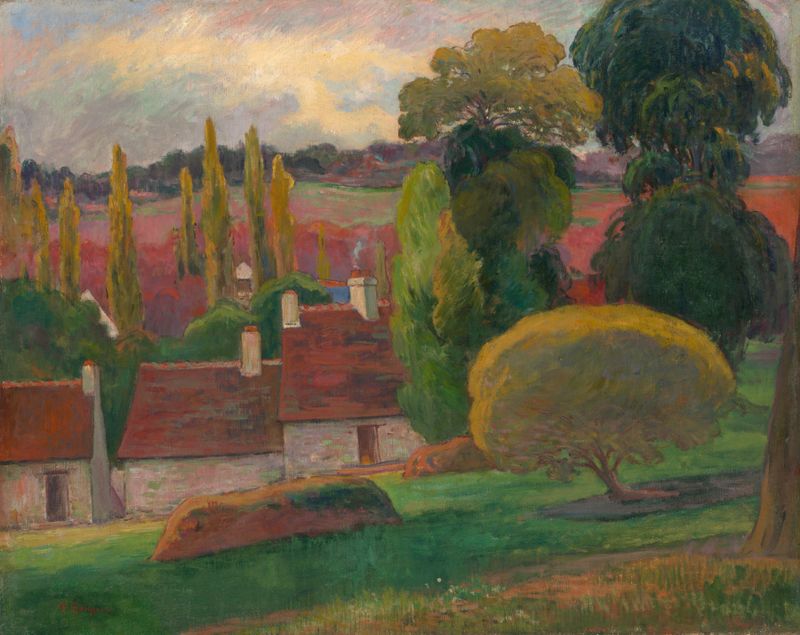A Farm in Brittany de Paul Gauguin, óleo sobre lienzo que muestra campos vibrantes y paisaje rural.