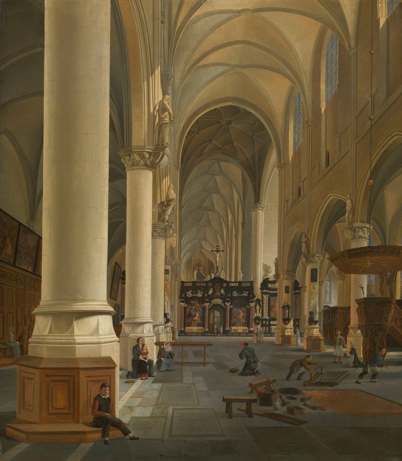 Interior da Igreja de São Paulo em Antuérpia de Joseph Chrétien Nicolié, pintura a óleo com luz filtrando através do vitral.