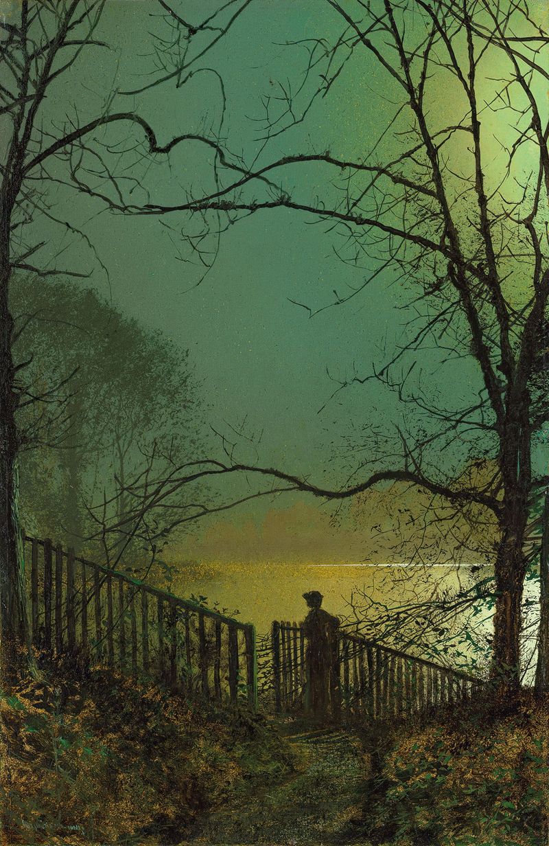 Roundhay Park Lake by John Atkinson Grimshaw, oil on canvas depicting a serene lake and trees.