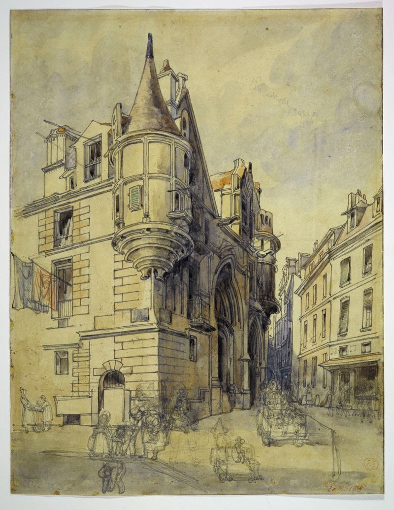 L’Hôtel de Sens, uma aquarela de Thomas Shotter Boys, representando uma fachada de edifício ornamentada