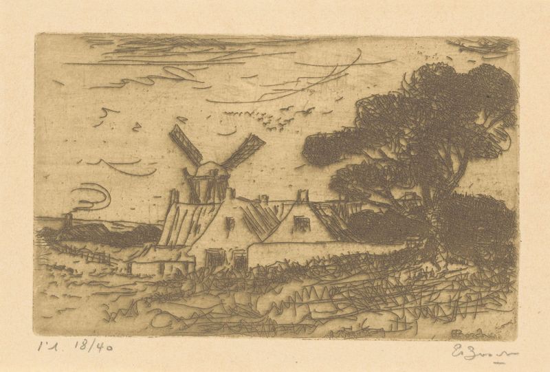 Hollands landschap de Etienne Bosch, óleo sobre tela mostrando campos e céu tranquilos.