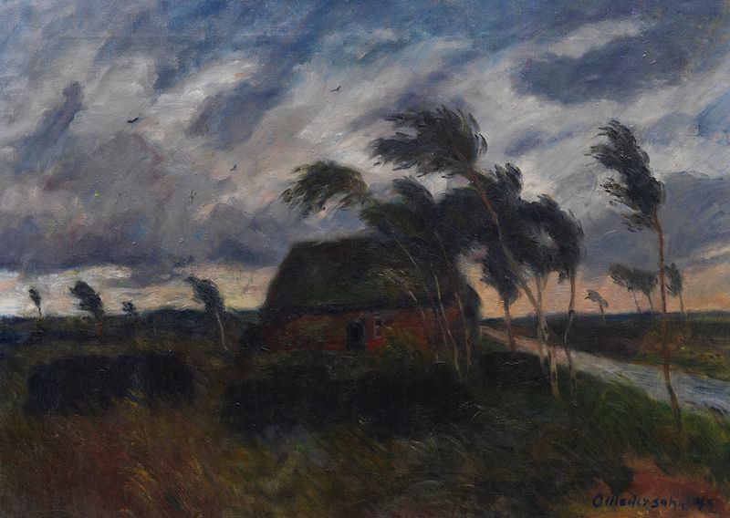 Pintura a óleo de Otto Modersohn retratando uma paisagem de charneca tempestuosa com nuvens escuras.