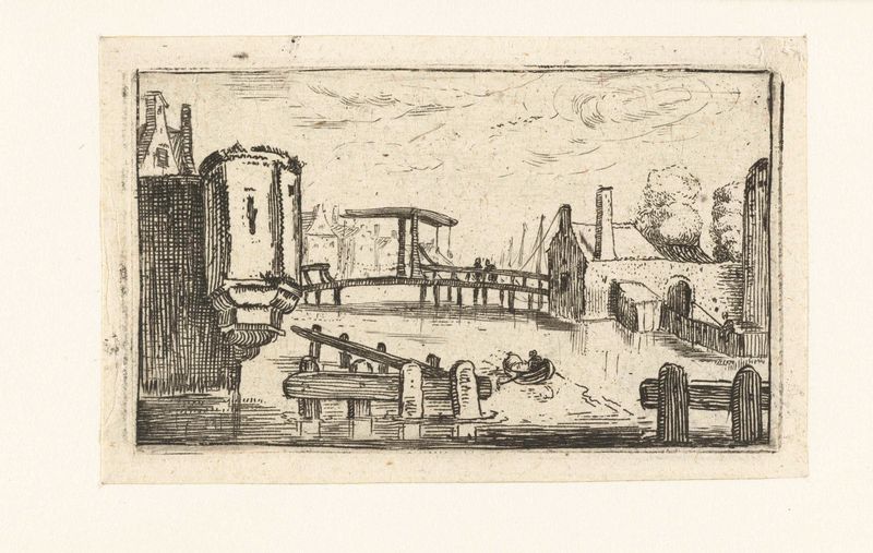 Gracht met ophaalbrug in een stad, grabado de Esaias van de Velde que representa un canal y un puente levadizo.