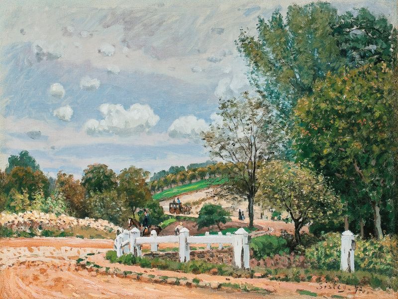 La Route De Verrieres de Alfred Sisley, pintura a óleo que retrata um caminho sinuoso e colinas suaves em cores pastéis.
