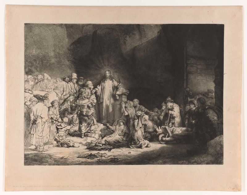 Christ Healing the Sick etching by Rembrandt van Rijn showing a crowd around Jesus