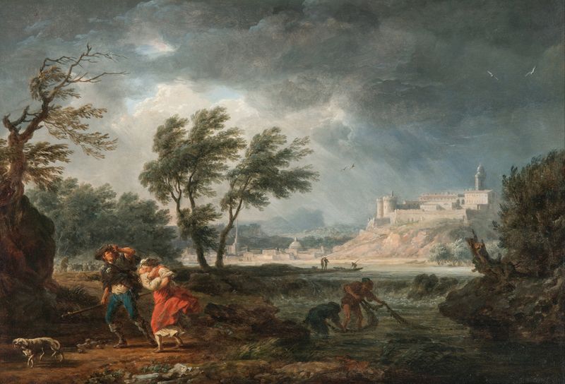 Paisagem com luz solar ao meio-dia e água de Claude-Joseph Vernet, pintura a óleo