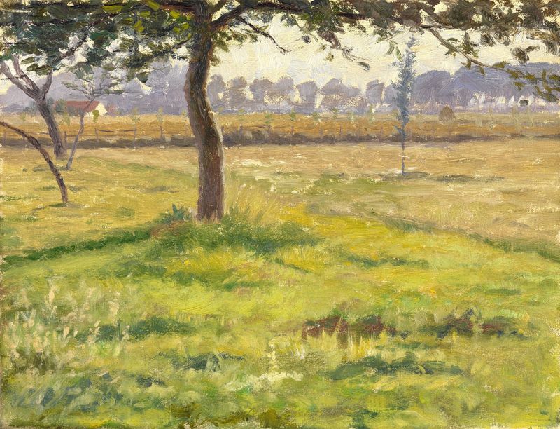 Pastureland in Flanders de Fernand Scribe, óleo sobre lienzo que muestra campos y nubes suaves.