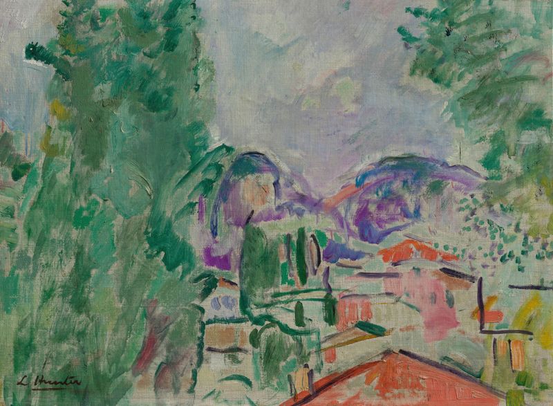 Rooftops, South of France by George Leslie Hunter, oil on canvas depicting village rooftops at dusk.