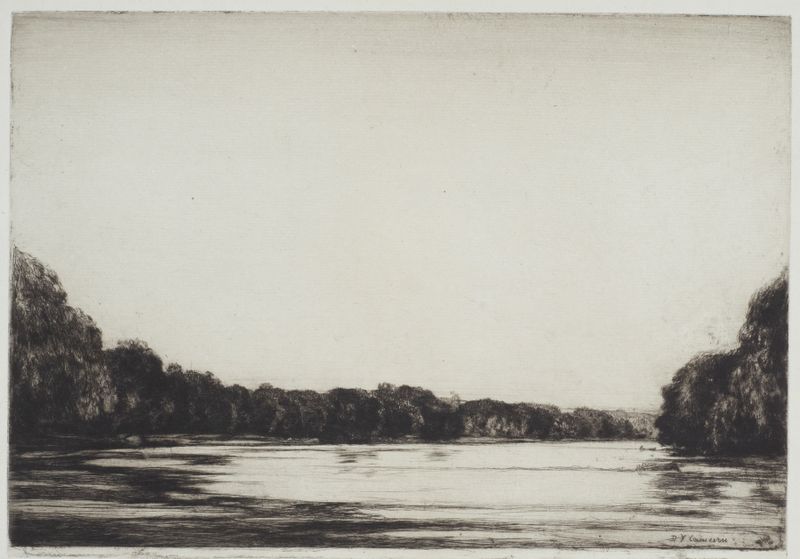 Gravura de uma paisagem fluvial tranquila de David Young Cameron