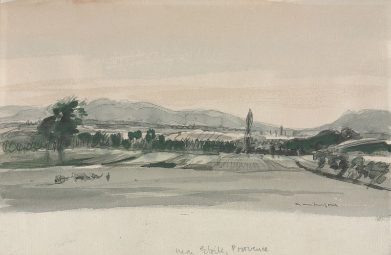 Near Étoile, Provence by Muirhead Bone, impressionism, landscape with hills and hazy sky