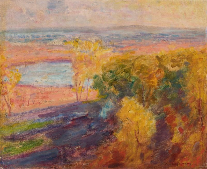 Valley of the Pilica River by Ludomir Janowski, oil painting depicting a tranquil river landscape.