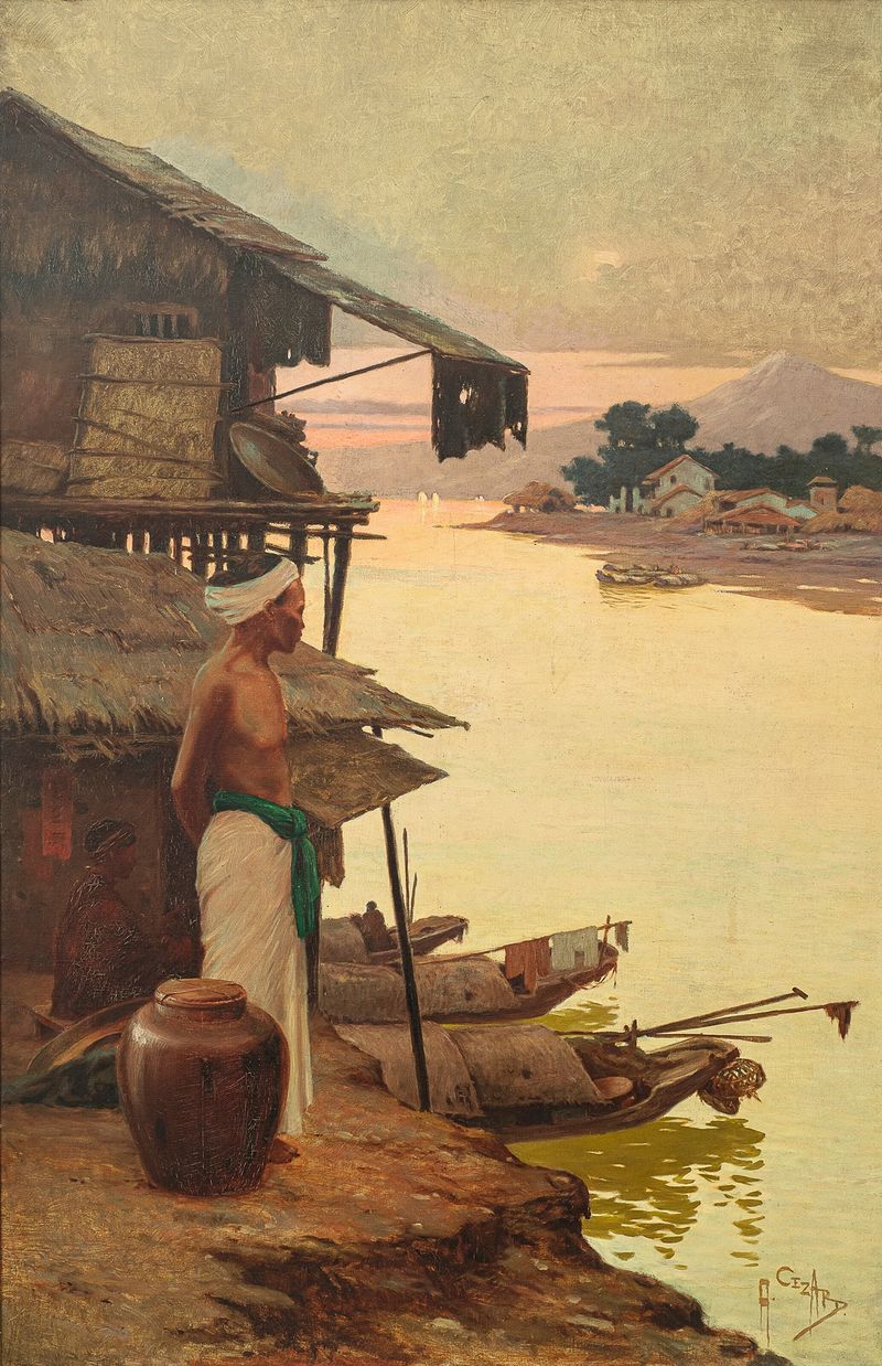 Landscape oil painting by Albert Cézard depicting strollers by the water's edge.
