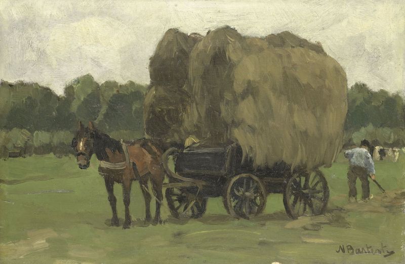 Hay wagon in golden light, oil on canvas by Nicolaas Bastert