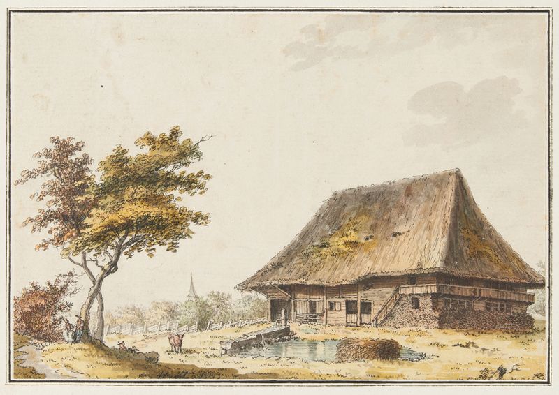 Watercolour by Johann Ludwig Aberli depicting a tranquil farmhouse in the Swiss countryside