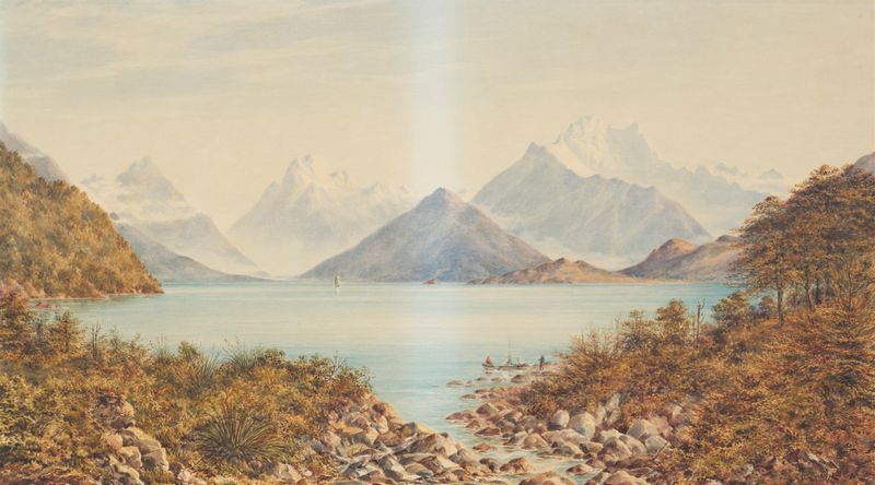 Southern Lake de Charles Decimus Barraud, pintura a óleo que retrata uma paisagem serena com reflexos.