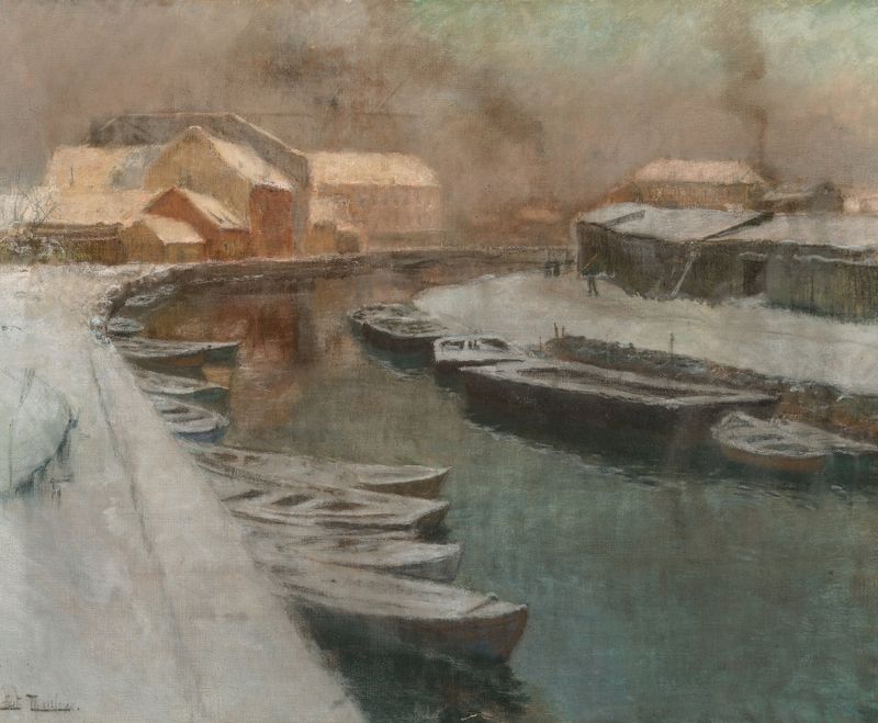 Winter landscape with a canal, snow, and reflections by Frits Thaulow, oil painting.