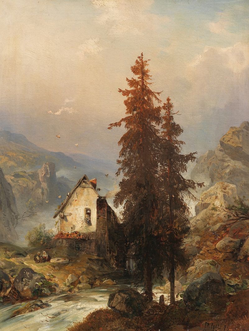 Landscape featuring a mill surrounded by hills and sunlight, oil painting by Carl Hilgers