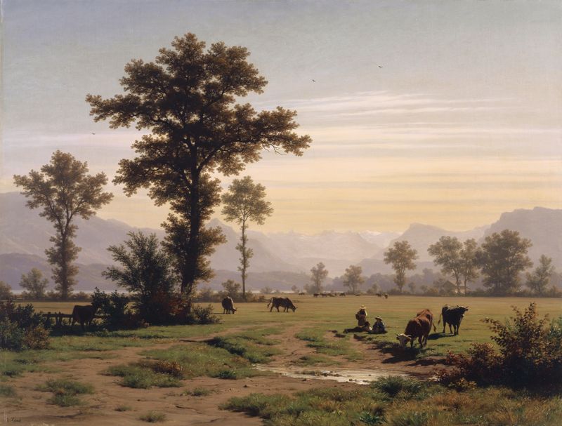 Landscape near Lucerne by Robert Zünd, oil painting depicting mountains and golden light.