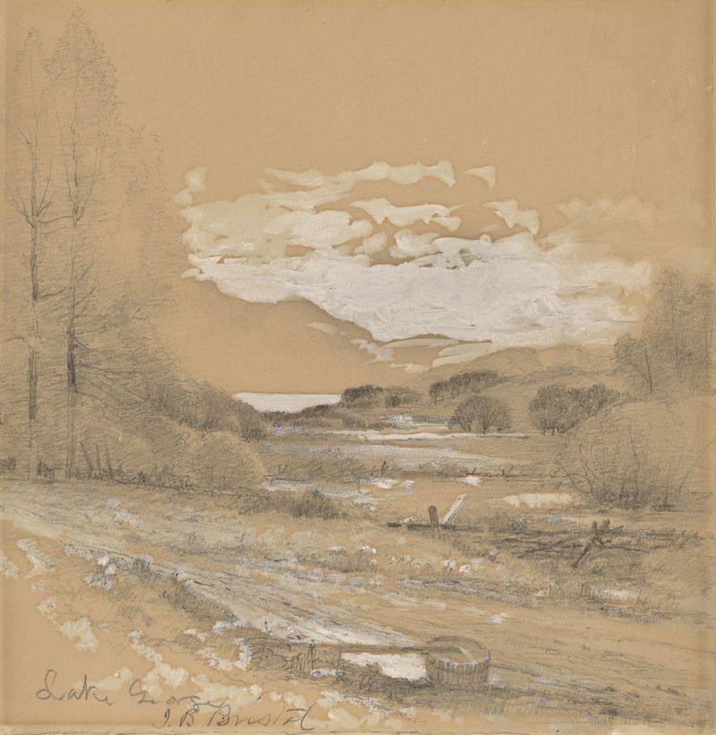 Lake George by John Bunyan Bristol, oil on canvas depicting a tranquil lake at dawn