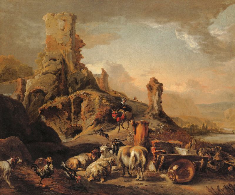Shepherdess and her flock on a path, oil painting by Jan Baptist Weenix