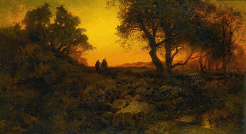 Twilight Landscape (Flight Into Egypt) pintura a óleo de Thomas Moran mostrando montanhas e luz dourada.