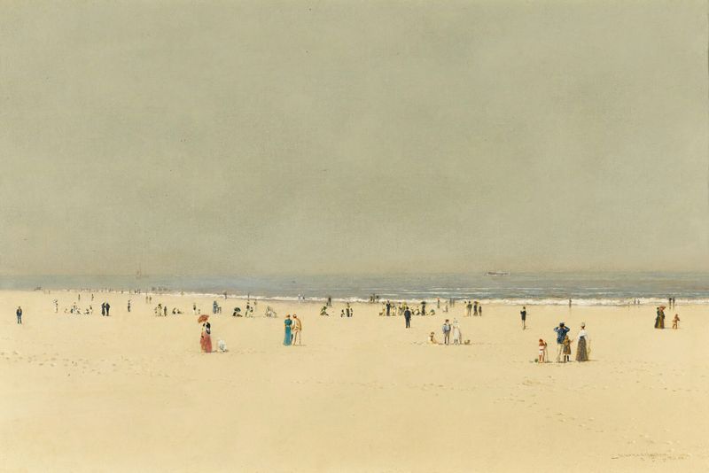 Pintura al óleo de John Atkinson Grimshaw que representa un atardecer sobre el mar con suaves olas.