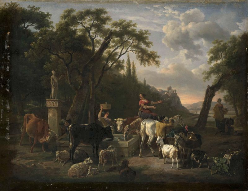 Paisaje italiano con pastores y animales en una fuente, óleo sobre lienzo de Jean Louis Demarne