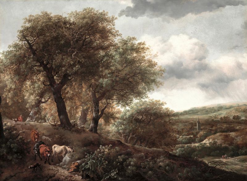 Wooded Hillside with Cattle, Dutch Golden Age, artista desconhecido, pintura a óleo