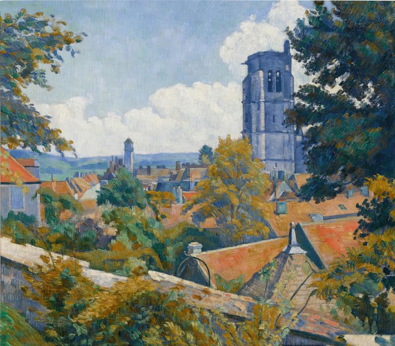 Vue sur Tonnerre avec l’église Notre Dame de Emile Bernard, pintura al óleo que representa un paisaje sereno.