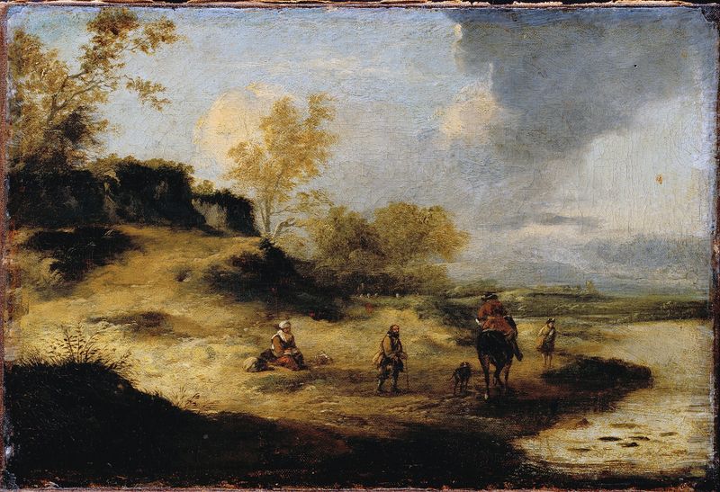 Sandhills with Figures, oil on canvas by Philips Wouwerman showing figures on sandhills.