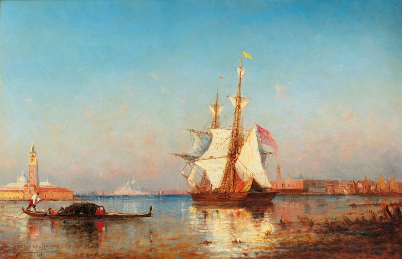Barcos à Vela, Veneza Além de Paul-Charles-Emmanuel Gallard-Lépinay, óleo sobre tela que retrata barcos em um porto.