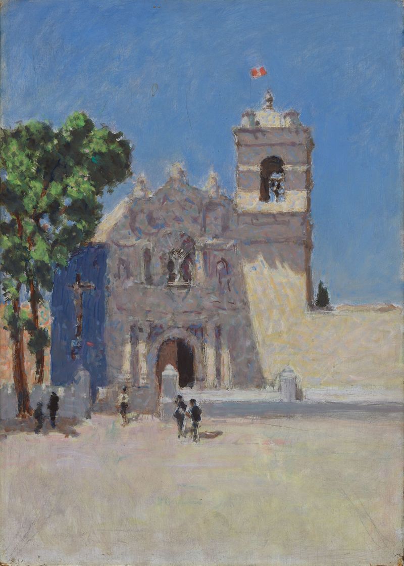 Paisaje con iglesia y plaza de Denman Waldo Ross, óleo sobre lienzo que representa una iglesia y luz solar sobre un paisaje.
