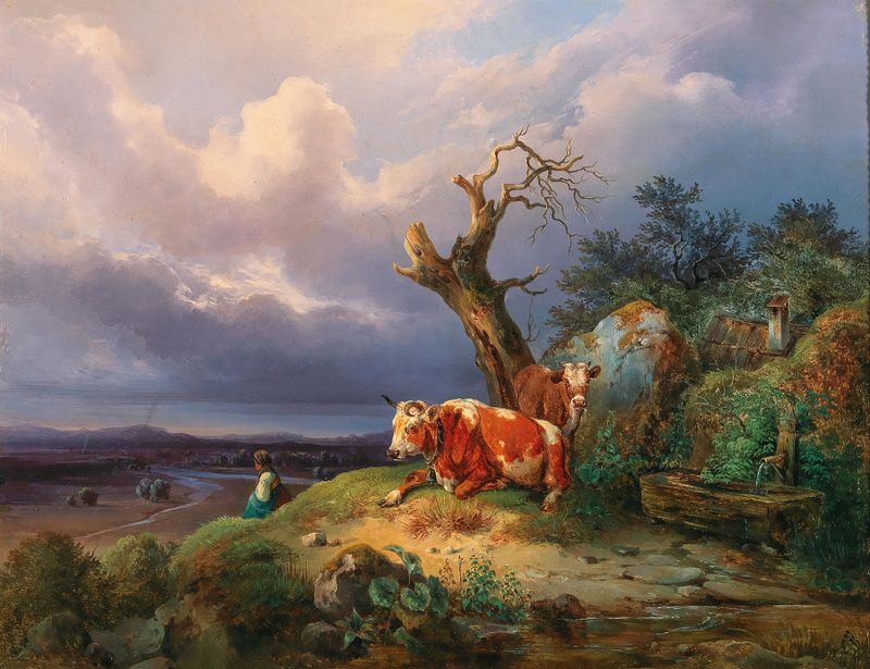 Una pastora con dos vacas en un vasto paisaje, pintura al óleo de Edmund Mahlknecht