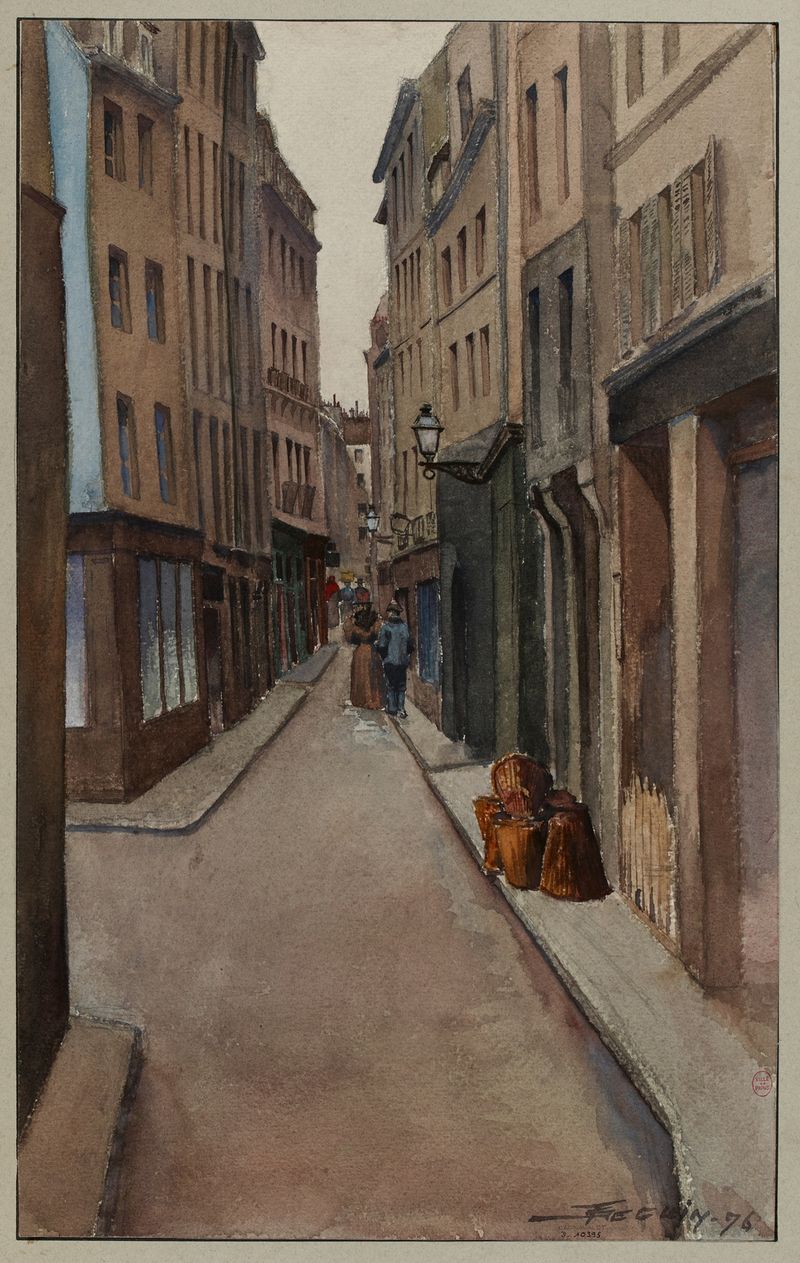 Cena de gênero representando uma rua movimentada em Paris, pintura a óleo de F. Séguin
