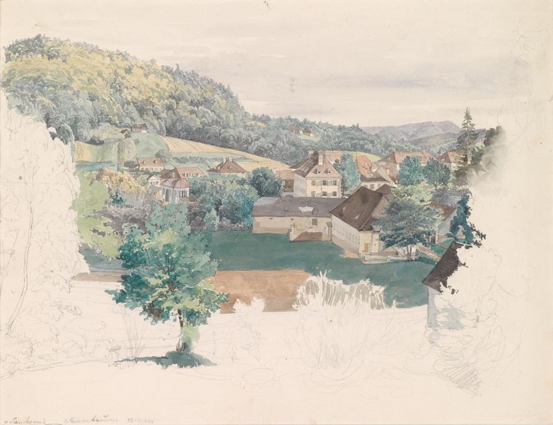 Landscape watercolor by Johann Nepomuk Passini depicting hills and nature.