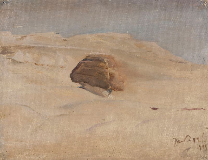 Sphinx. From the journey to Egypt de Jan Ciągliński, óleo que representa una esfinge en un paisaje desértico.