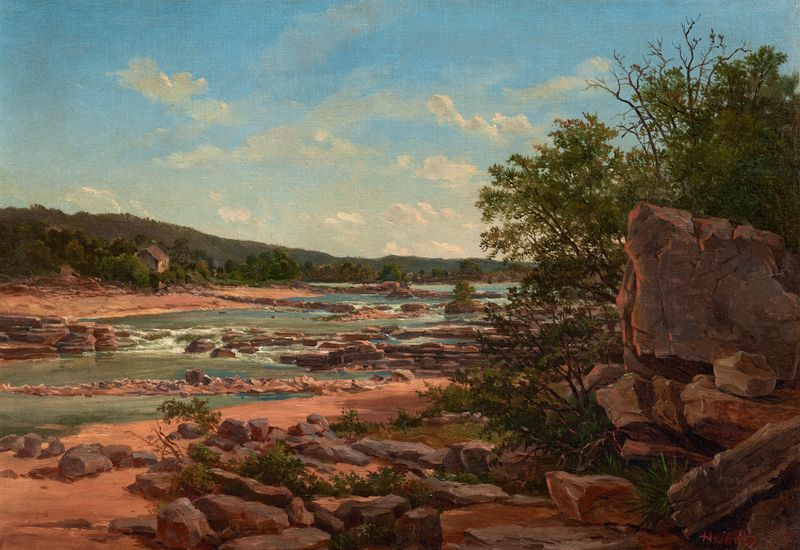 Marble Falls by William Henry Huddle, oil on canvas depicting abandoned structures in a landscape.