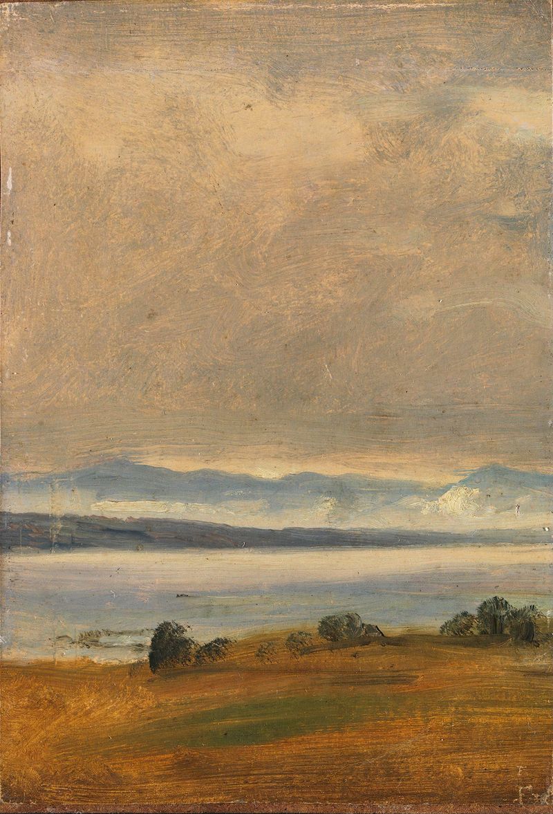 Landscape Study de Thomas Fearnley, pintura a óleo que retrata o crepúsculo sobre colinas distantes.