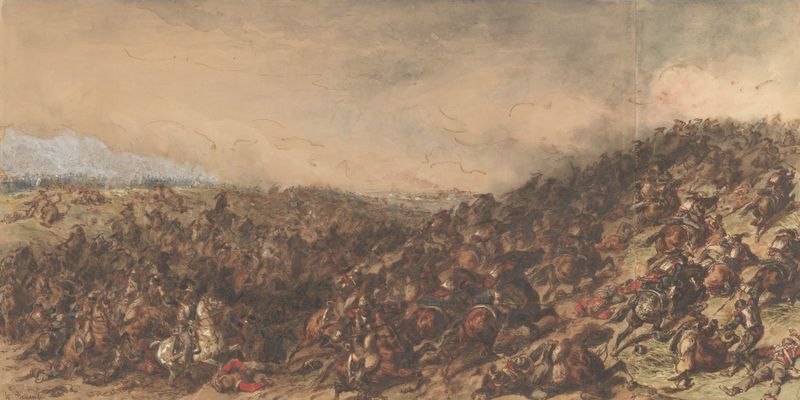 Escena de batalla (Waterloo) pintura al óleo de Hippolyte Bellangé que muestra soldados en medio del caos y el humo.