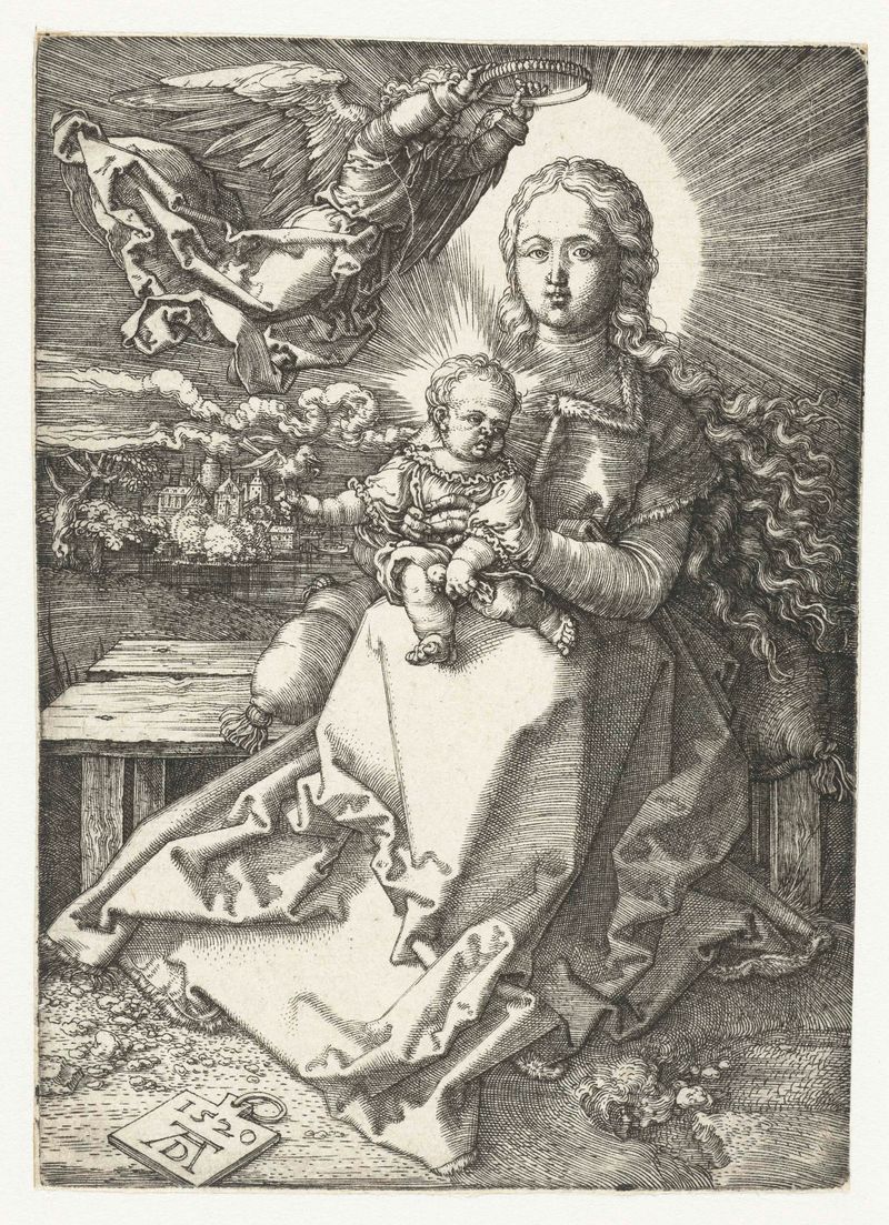 Gravura de Albrecht Dürer mostrando uma figura coroada com uma criança e um anjo.